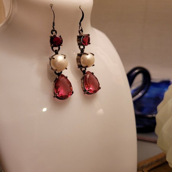 Faux PINK TOURMALINE & FRESHWATER PEARL HANDCRAFTED Sterling EARRINGS - Picture 8 of 10